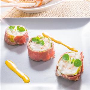 Rollè di Scampi, Branzino e Pancetta Magra