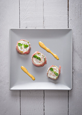 Rollè di Scampi, Branzino e Pancetta Magra