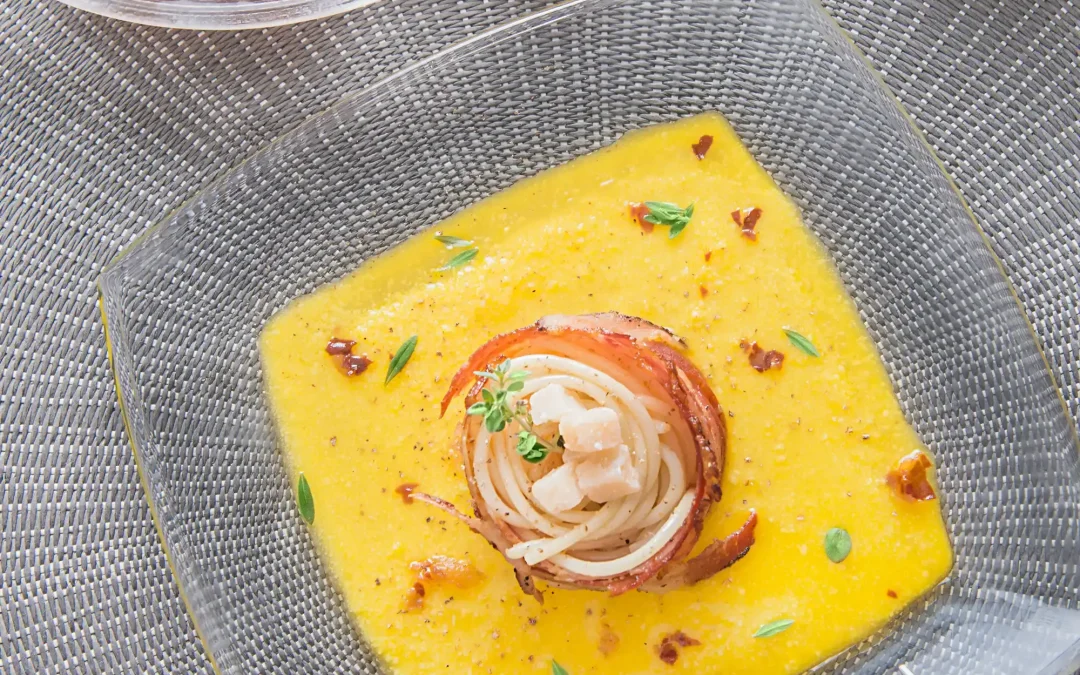 Carbonara destrutturata con Pancetta al Pepe Aurora
